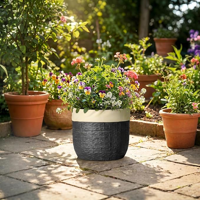 9.8 Inch Planter - Ceramic Pots for Plants with Drainage Hole and Plug, Round Flower Pots for Indoor Plants, Boho Decorative Plant Pot, Garden House Decor, House Warming Gifts New Home, Black