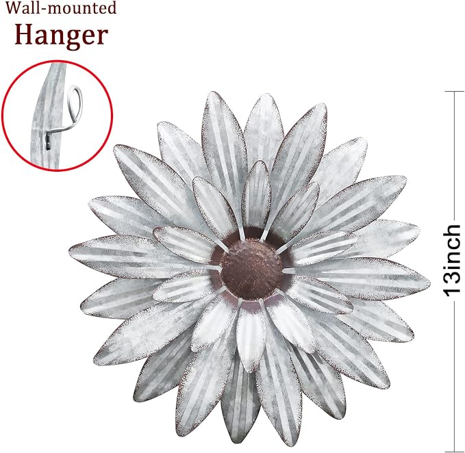 Galvanized Farmhouse Metal Flowers Wall Decor Inspirational,Wall Decor Hanging for Indoor Outdoor Home Bedroom Living Room Office Porch Patio Garden Fence 13Inch,Handmade Gift, Set of 2