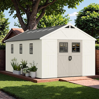 Greesum 10X16FT Plastic Outdoor Storage Shed with Floor and Lockable Door, Resin Sheds with 8-Windows and Multiple Skylights, HDPE Kick-it Shed for Garden, Patio, Backyard, Beige