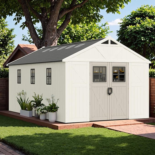 Greesum 10X16FT Plastic Outdoor Storage Shed with Floor and Lockable Door, Resin Sheds with 8-Windows and Multiple Skylights, HDPE Kick-it Shed for Garden, Patio, Backyard, Beige