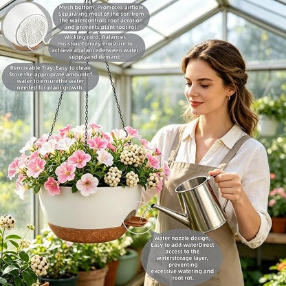 12" Self Watering Hanging Planters with Chains, White Brown, 2 Pack | 43 Oz removable self-watering reservoir, for indoor/outdoor plants, patio & garden