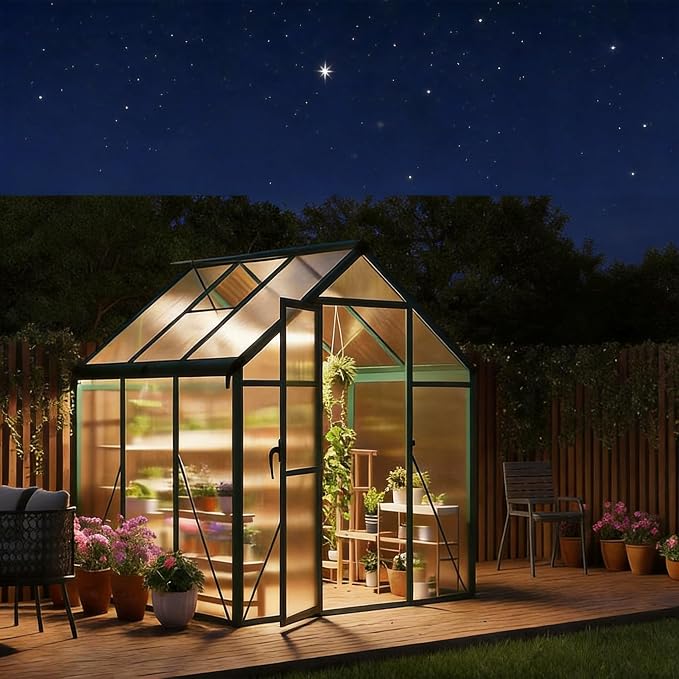 6x6 FT Greenhouse, Greenhouses for Outside, Polycarbonate Greenhouse with Aluminum Frame, Lockable Door and Ajustable Roof Vent for Backyard, Green Houses for Outside Garden Backyard, Patio