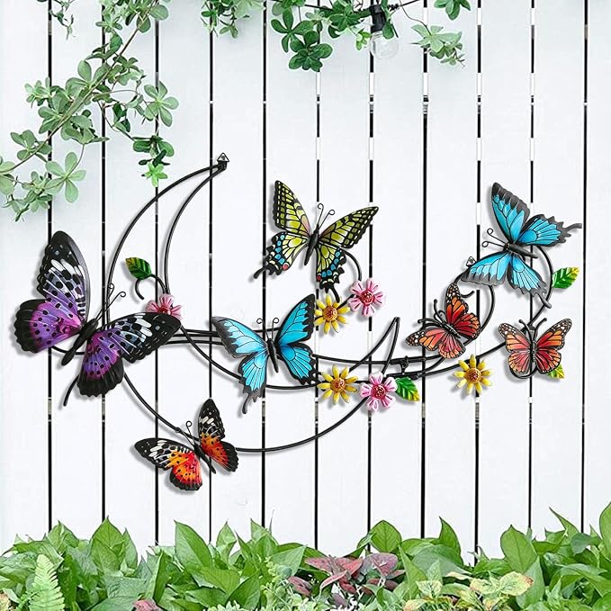 POXOHO Metal Butterflies Outdoor Decor, Indoor & Outdoor Decor, 23.2"×14.7" | Hanging butterfly decorations for fence garden yard patio, 3D & colorful print, gardening gift for men women