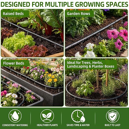 1/4" Drip Irrigation Dripline Tubing 100FT, Built-in 0.5 GPH Emitters Every 6", Drip Line with 1/4" Fittings, Saving 80% Water, No Extra Drippers Needed for Raised Bed Garden Rows Flower Beds