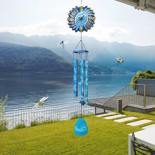 Wind Chimes Outdoor, Memorial Sympathy Wind Chime, 33" Unique Windchimes with Animated Dragonfly Spinner, Hanging Garden Decor Patio Decoration, Dragonfly Gifts for Women Men Mother Father