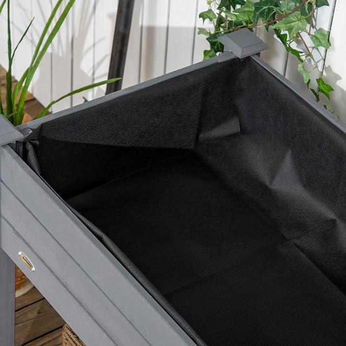 Outsunny Raised Garden Bed, 47" x 22" x 33", Elevated Wooden Planter Box w/Lockable Wheels, Storage Shelf, and Bed Liner for Backyard, Patio, Dark Gray