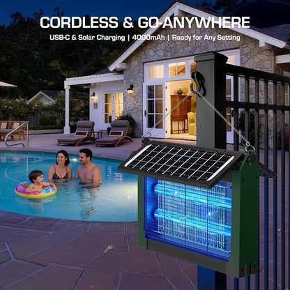 Solar Bug Zapper Outdoor with Dual Solar Panels, PhatroyYee 4500V Cordless Waterproof Mosquito Zapper, Auto On/Off, USB-C & Solar Powered Electric Fly Zapper Trap Killer for Patio Backyard RV Camping