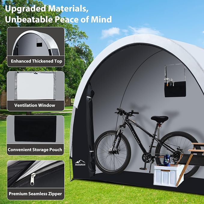 Bike Storage Shed Tent with Rain Fly, Enhanced Waterproof & Sun Protection Outdoor Storage for Bicycle, Motorcycle, Easy Setup Portable Shelter for Garden Tools, Lawn Mower (Large)