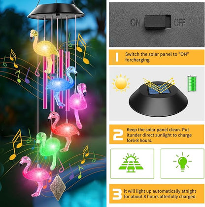 Solar Flamingo Wind Chimes for Outside with 4 Music Aluminum Tubes | Best Gifts for Mom Grandma Women Wife Aunt Sister, Solar Lights Outdoor Wind Chimes, Garden Yard Decor
