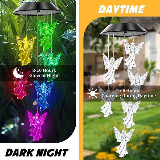 Angel Solar Wind Chimes for Outside Color Changing | Hanging Decor for Outside,Best Gifts for Mom Grandma Women Wife Aunt Sister,Solar Lights Wind Chimes , Garden Yard Decor