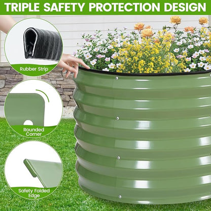 Galvanized Raised Garden Bed Outdoor |17'' Tall Planter Box Outdoor for Deep Root Plants | 3Pcs Raised Bed Kit for Gardening with Rubber Strip for Vegetables Flowers Fruits (Olive Green, 4x2x1.4FT)