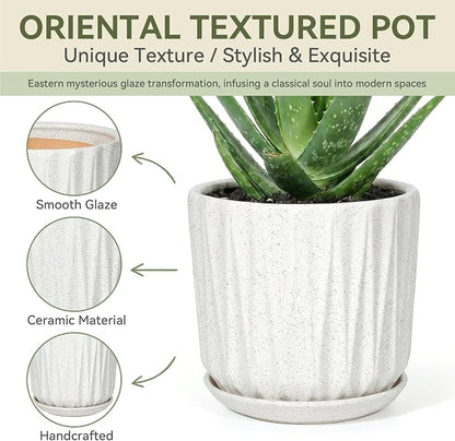 7.5 Inch Ceramic Planter Pot with Saucer Drainage Leak-Proof Mesh,Flower Pots for Indoor Plants with Gardening Gloves,Ceramic Planter(Waxen White)