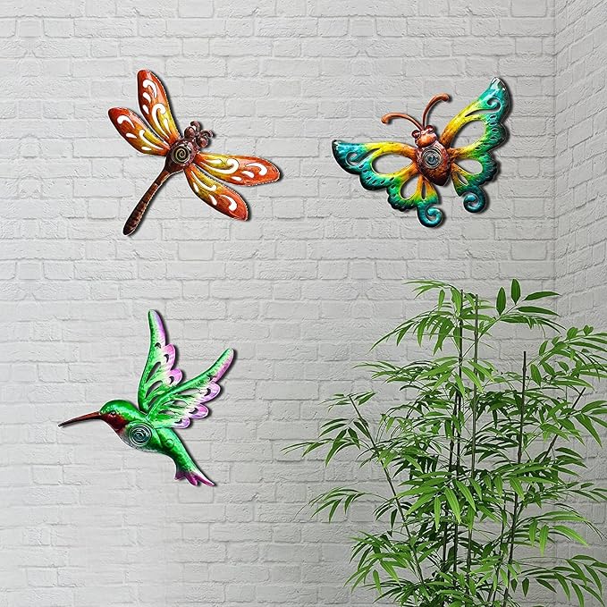 YNGFIL Hummingbird Butterfly Dragonfly Metal Wall Art Decor, Wall Sculpture Decoration Hanging for Home Living Room Bedroom Garden Porch Patio Balcony Ornament for Indoor Outdoor, 3 pack 9 inch