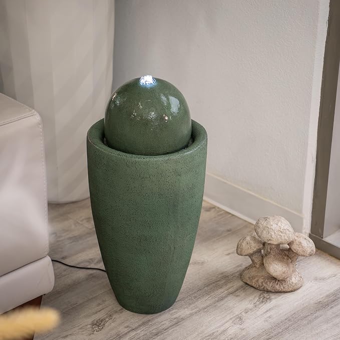 XBrand 25.98" Modern Sphere Water Fountain with LED Light – Indoor Outdoor Stone Texture Floor Fountain, Zen Bubbling Ball Water Feature for Garden Patio Porch