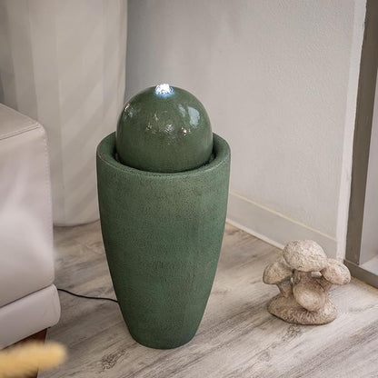 XBrand 25.98" Modern Sphere Water Fountain with LED Light – Indoor Outdoor Stone Texture Floor Fountain, Zen Bubbling Ball Water Feature for Garden Patio Porch - Green