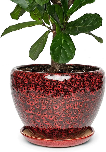 11 Inch Ceramic Plant Pot with Drainage Hole Mesh Net, Large Gardening Pots for Indoor Plants with Saucer, Speckle Red