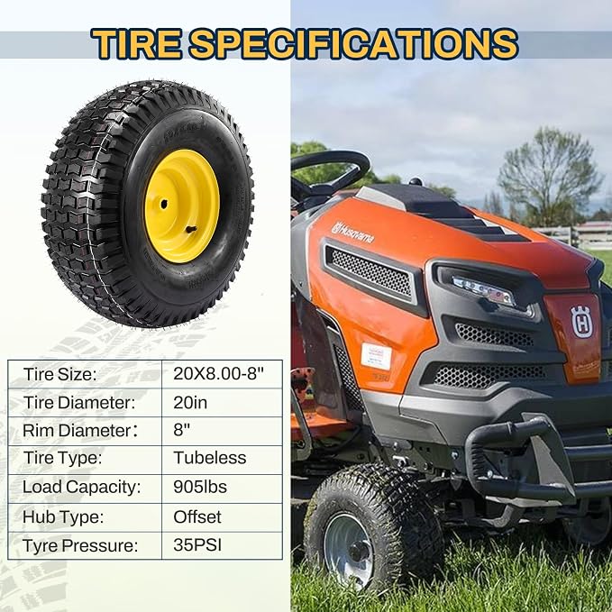 2PCS 20x8.00-8 Rear Tire and Wheel Assemblies, 3/4" Borehole, 3.5" Offset Hub and 3/16" Keyway, 4 Ply Tubeless Tire Compatible with Riding Lawn Mowers