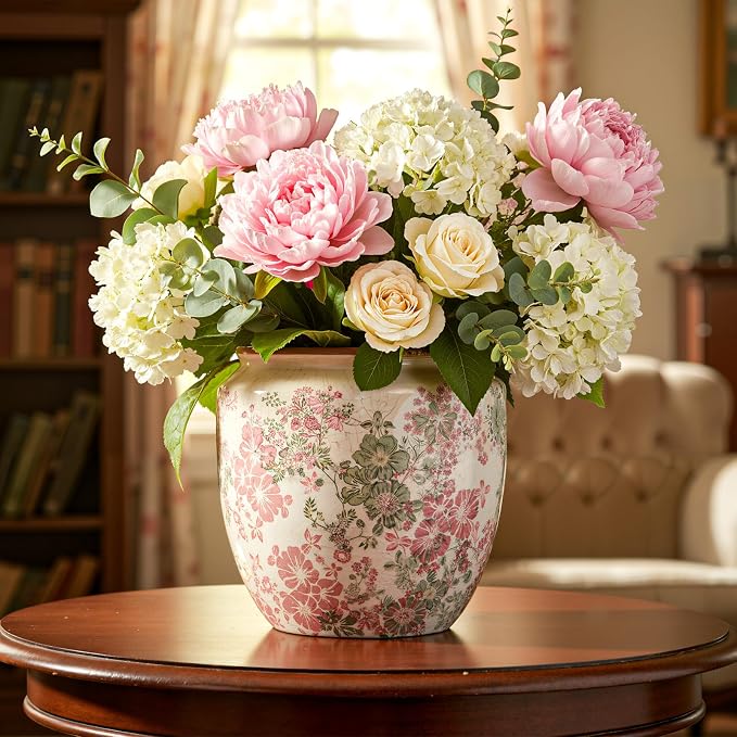 LemonRoad 7 Inch Large Vintage Ceramic Planter with Drainage Holes Ice Crackle Flower Vase Flower Pot with Farmhouse Rose Pattern for Indoor Outdoor Plants Garden Home Kitchen Office Shelf Decor