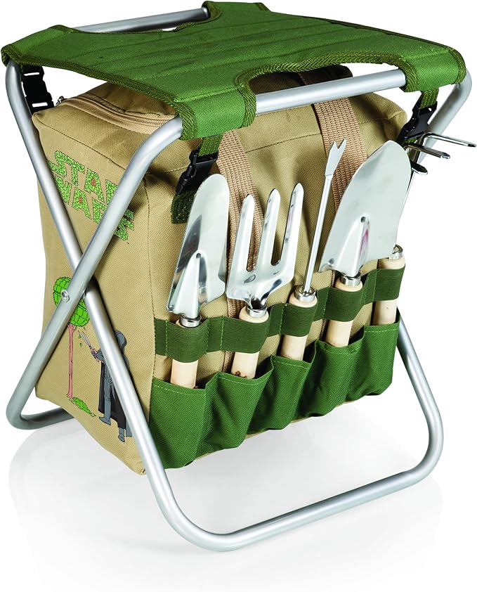 Picnic TIME Star Wars Darth Vader Gardener Folding Seat with Tools, Folding Garden Stool with Detachable Tote and Hand Tool Set Organizer, Portable Gardening Chair, (Olive Green with Beige Accents)