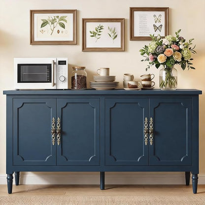 RoyalCraft Sideboard Buffet Cabinet with Storage, 59" Mid Century Modern Credenza with 4 Doors, Coffee Bar Wine Bar Storage Cabinet with Artistic Carved Handle for Living Room, Dining Room, Navy Blue