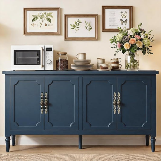 RoyalCraft Sideboard Buffet Cabinet with Storage, 59" Mid Century Modern Credenza with 4 Doors, Coffee Bar Wine Bar Storage Cabinet with Artistic Carved Handle for Living Room, Dining Room, Navy Blue