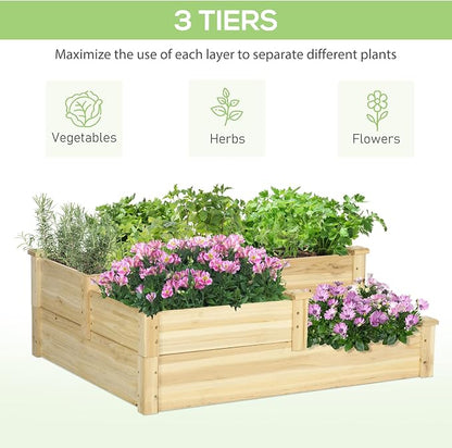 Outsunny 3 Tier Raised Garden Bed, Outdoor Planter Box, Wooden Garden Box with Open Bottom for Growing Vegetables, Herbs, Flowers, 42.5" x 34.75" x 14.25", Natural