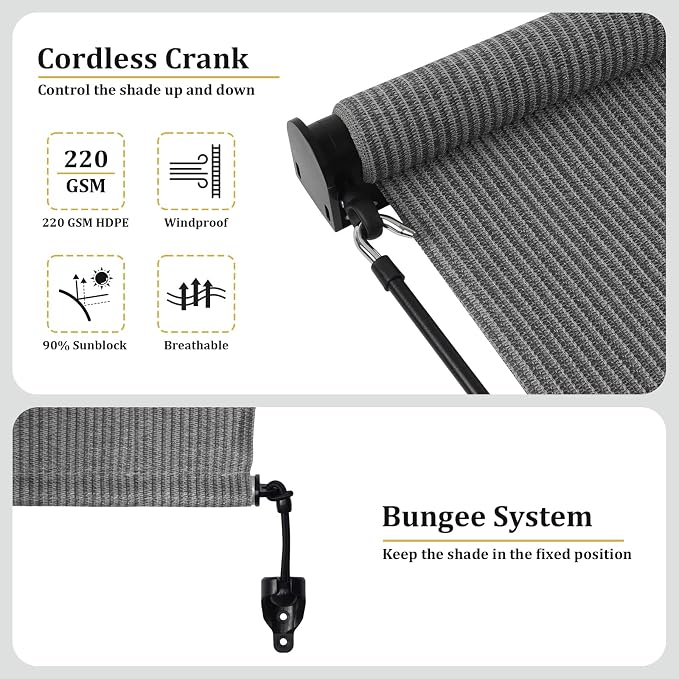 Shade&Beyond Outdoor Roller Shades with Splicing Design, 5' W x 6' H Cordless Patio Roll Up Blinds, Exterior Shade Cloth Roll for Porch, Gazebo, Pergola, Balcony, Gray