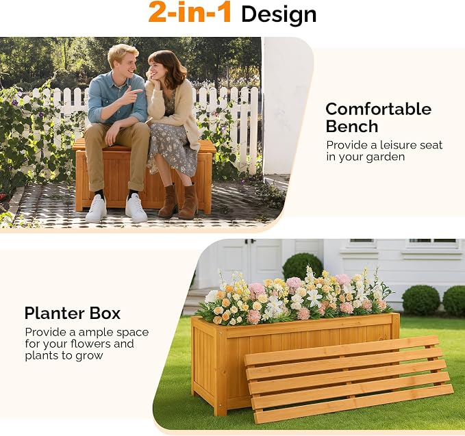 VINGLI 41" Raised Garden Bed with Wooden Bench Lid, Multi-Functional Rectangular Wood Planter Box, Cedar Wood Outdoor Planter Boxes for Flower Vegetable Herb Gardening