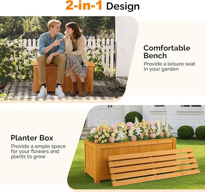 VINGLI 41" Raised Garden Bed with Wooden Bench Lid, Multi-Functional Rectangular Wood Planter Box, Cedar Wood Outdoor Planter Boxes for Flower Vegetable Herb Gardening