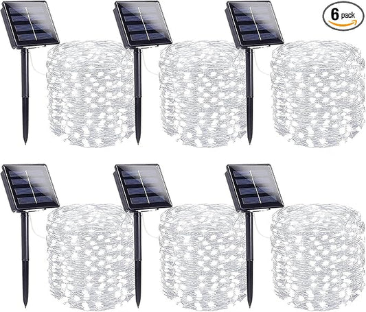 6 Pack Solar String Lights Outdoor, Extra-Long 600LED Solar Fairy Lights Outdoor Waterproof, Solar Twinkle Lights Silver Wire 8 Modes Solar Outside Lights for Xmas Tree Party Wedding (Cool White)