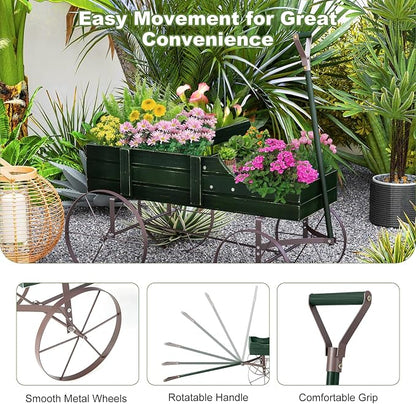Wooden Wagon Planter, Decorative Flower Pots w/ 2 Planting Sections, Wheels & Handle, Rustic Farmhouse Garden Planter Box for Patio, Yard, Porch (Green)