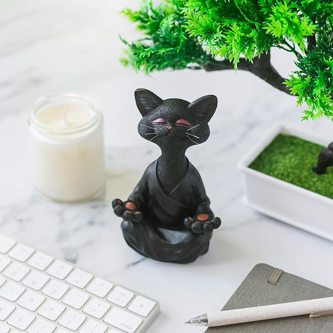 Meditating Happy Cat Statue – Zen Mindfulness Decor for Cat Lovers