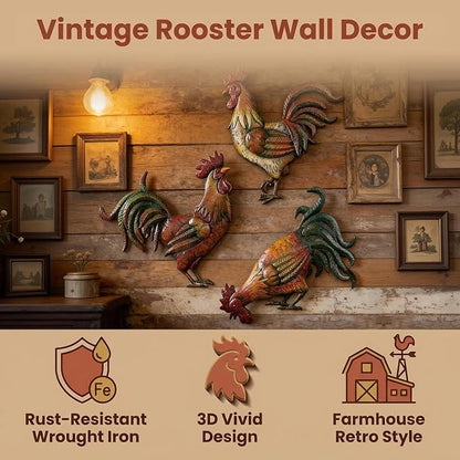 GUAN YANG Set of 3 Metal Rooster Wall Decor, 33x31cm Original Design Waterproof Sturdy Easy to Install Farmhouse Kitchen Wall Decor, Rustic Outdoor Patio Wall Art for Home Decor Gift