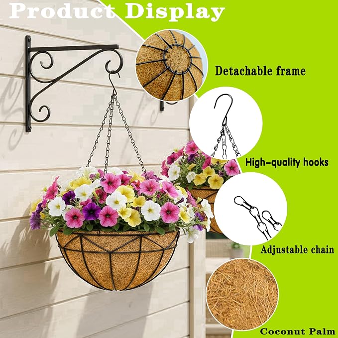 4 Pack 14 Inch Black Wire Hanging Planter with Coir Fiber Outdoor Round Hanging Basket with Metal Chain for Balcony Porch Farmhouse Country Style Garden Decor (Geometric)