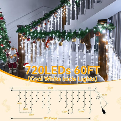 Ollny Icicle Lights for Outside 720LED 60FT, Cool White Christmas Lights with Remote 8 Modes Dimmable, Waterproof Connectable Timer Hanging Light for House Outdoor Yard Indoor Decorations