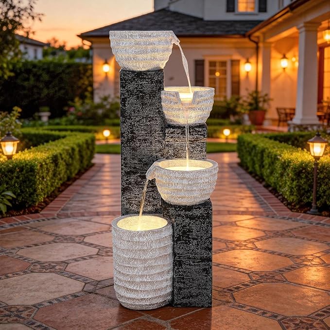 40" H Outdoor Water Fountain with LED Lights & Pump | Sand-Textured Freestanding Garden Fountain, Multilayer Cascading Polyresin Fountain for Tranquil Garden, Patio or Porch