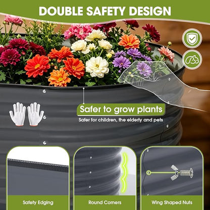 4x2x1ft(2 Pack) Galvanized Raised Garden Bed Outdoor, Oval Large Metal Planter Garden Boxes for Gardening, Planting Deep Root Vegetables, Herbs, Fruits, Flower, Rustproof, Rubber Strip, Gray