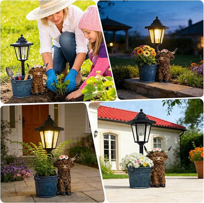 Solar Highland Cow Outdoor Statue, Garden Decor with Flowerpot & Lantern Highland Cow Figurines for Yard Art Lawn Ornaments Porch Patio Balcony - Gifts for Women Mom