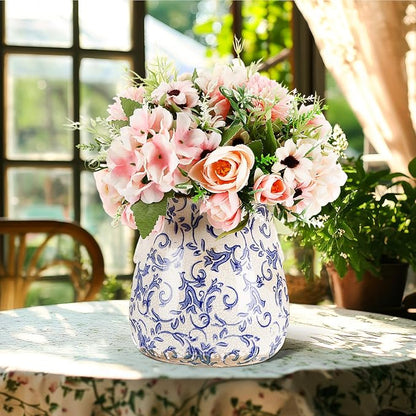 Ceramic Scroll Planter 6.5 Inch Chinoiserie Floral Vase with Drainage Holes Vintage Flower Vase Flower Pot Rustic Ceramic Pots for Indoor Plants Garden Home Bookshelf Decor(Blue Floral)