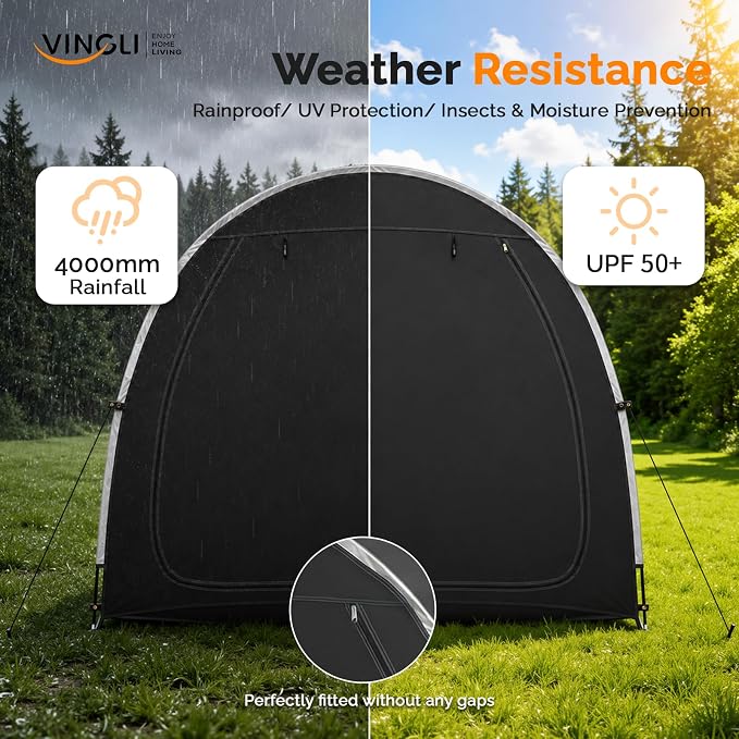 VINGLI Bike Storage Shed Tent for 2-3 Bikes, Outdoor Portable Bicycle Storage Shed with Carry Bag, Waterproof Bike Tent for Motorcycle, Garden Tools, Lawn Mower, Black