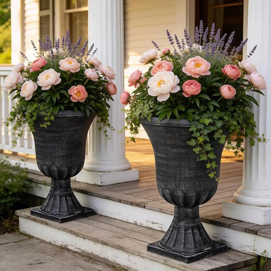 Autodaya 22" Tall Urn Planters for Outdoor Plants Set of 2 Large Flower Pot | 3D Textured Washed Black Pedestal Outdoor Planters, Weather-Resistant Plastic Plant Pot for Porch, Patio, Garden & Indoor Use