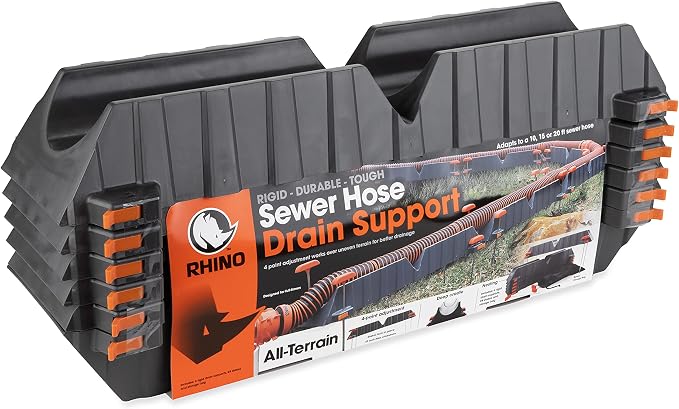 Camco Rhino RV Sewer Hose Support Kit - Up to 10” of Lift - Features Nesting Design for Easy RV Storage - Includes (6) 30” Section w/4 Stakes Each - Supports Up to 20-Feet of RV Sewer Hose (43071)