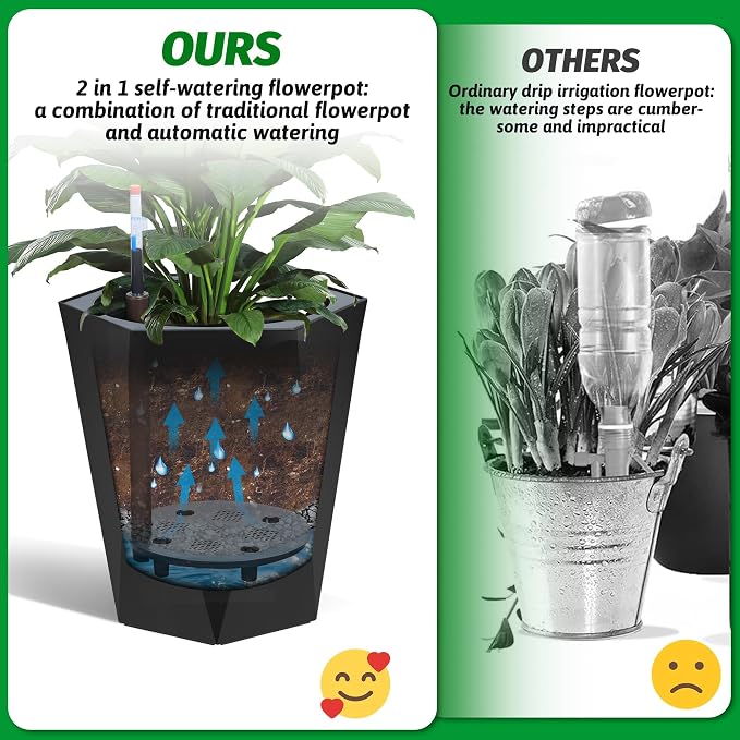 IDEALHOUSE 16" Tall Planters, Self-Watering Planters with Water Level Monitor and Drainage Hole, Large Outdoor Planters for Living Room, Bedroom Office, Patio, Porch, Garden, Set of 2