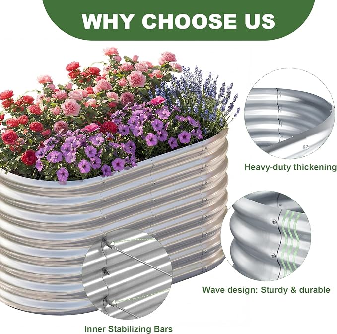 AHEONLAR 2 Pack 4×2×2ft Galvanized Raised Garden Bed Outdoor,Oval Sturdy and Durable Planter Boxes for Vegetables, Fruits, Flowers and Plants, Easy Assembly, Silver