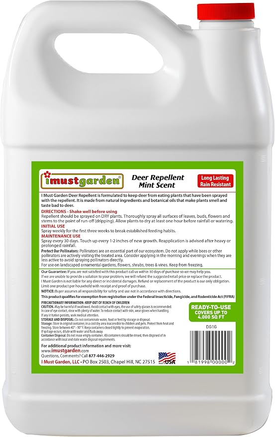 I Must Garden Deer Repellent: Mint Scent Deer Spray for Gardens & Plants – Natural Ingredients – 1 Gallon Ready to Use Refill