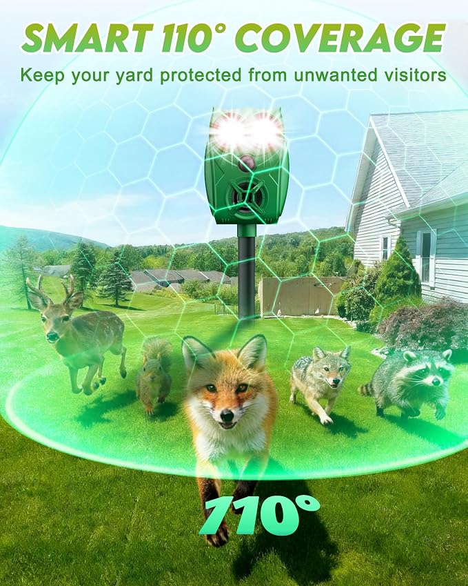 Solar Ultrasonic Animal Repellent with Motion Sensor - Waterproof Deer Repellent Device with LED Lights for Yard, Effective Against Deer, Coyotes, Raccoons & Cats (2, Green)