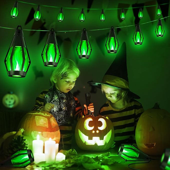 iBaycon 27Ft 10 LED Solar Flame Halloween String Lights, Green | Ultra-Real Flickering Flame Lamp Outdoor Waterproof, Solar Patio String Lights for Garden Yard Lawn Halloween Decorations