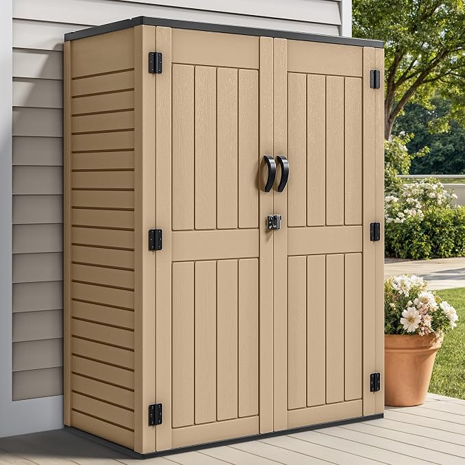 YITAHOME 59 Cuft Outdoor Tall Storage Shed, Waterproof Vertical Resin Shed for Garden, Garage, Patio, Lockable Tool Storage, No Shelves Included, Brown