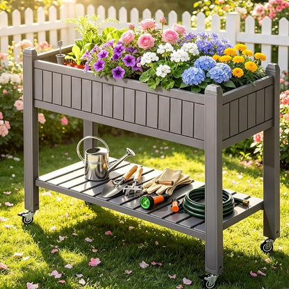 YITAHOME 3.6x1.5x2.8 FT Elevated Garden Bed Kit with Legs and Wheels, Outdoor Large Resin Planter Box Stand with Drain Plug and Storage Shelf for Plants Vegetables Fruits, Light Brown