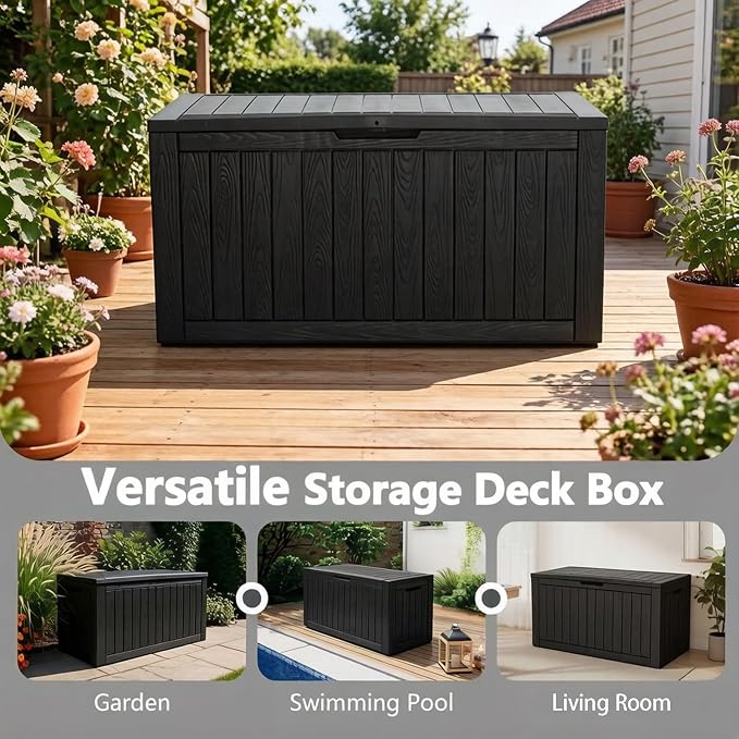 Outdoor Storage Box, 120 Gallon Resin Deck Boxes Outdoor Waterproof For Patio Furniture, Garden Tools, Pool Supplies, Lockable And UV Resistant (Striped Black)